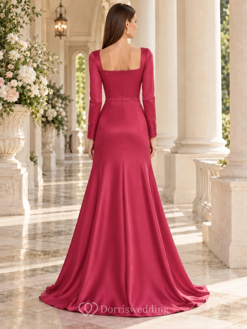 Vestido de dama de honor elegante, ajustado, acampanado, de satén frambuesa, manga larga y cuello cuadrado, estilo sirena. view 2
