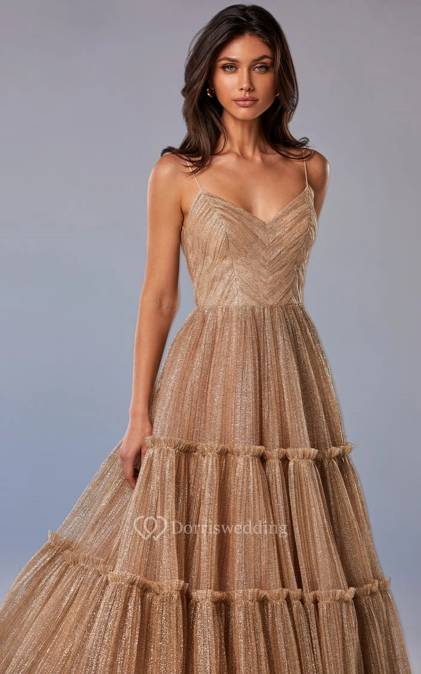 Vintage A Line Spaghetti V-neck Tulle Prom Dress view 5