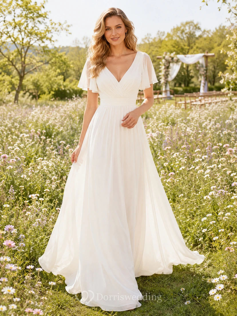 Flutter Sleeve Chiffon Meadow Ceremony A-Line Bridal Gown