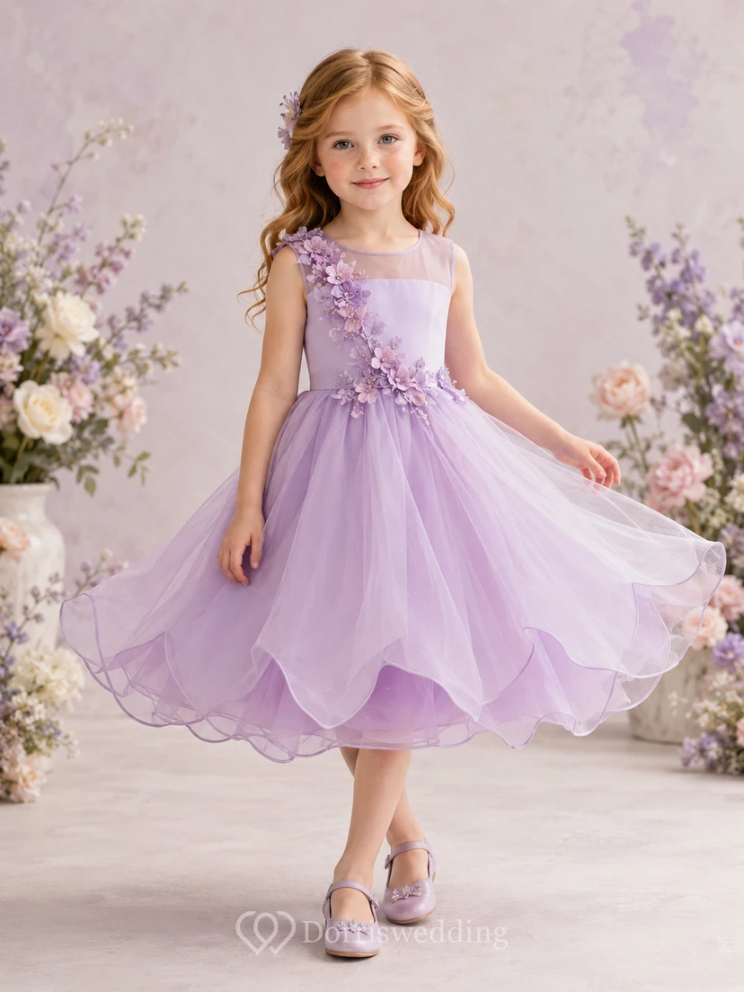 Lavender Petal Hem Flower Girl Dress with Sleeveless Tulle A-Line, Floral Waist Applique, Natural Waist, and Tea-Length Skirt