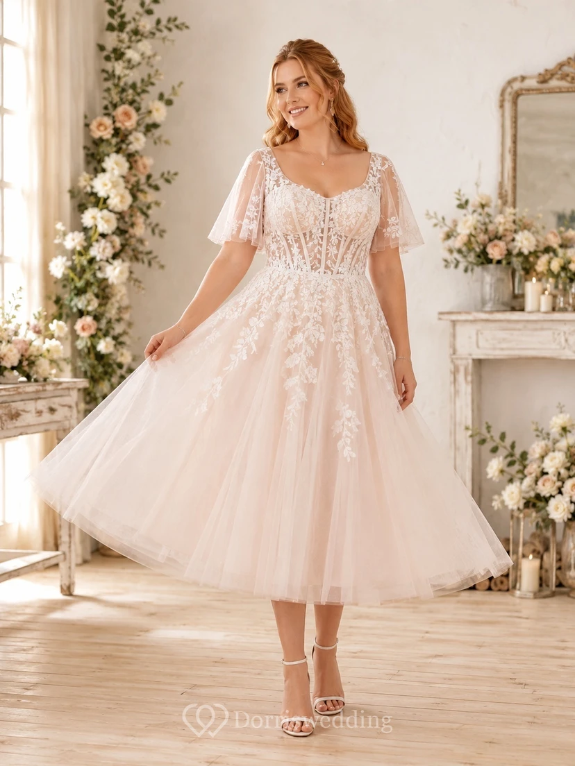 Plus-Size Blush Teelänge Eckiger Ausschnitt Korsettspitze Flatterärmel Tüll A-Linien-Brautkleid