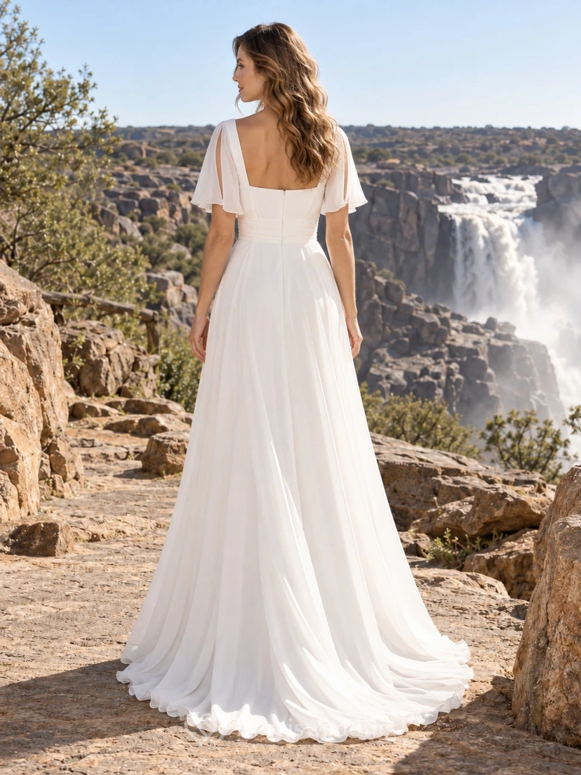 Vestido de novia sencillo de gasa con cuello cuadrado, manga corta y corpiño liso en línea A view 2