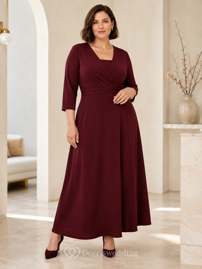 Vestido de gasa de corte A con escote en V y mangas tres cuartos, talla grande, color burdeos.
