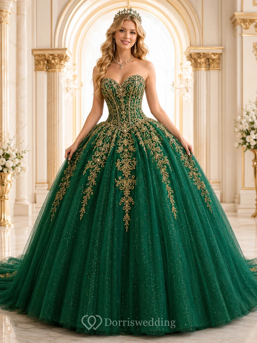 Dark Green Gold Luxury Strapless Sweetheart Embroidered Quinceanera Princess Chapel Train Ball Gown