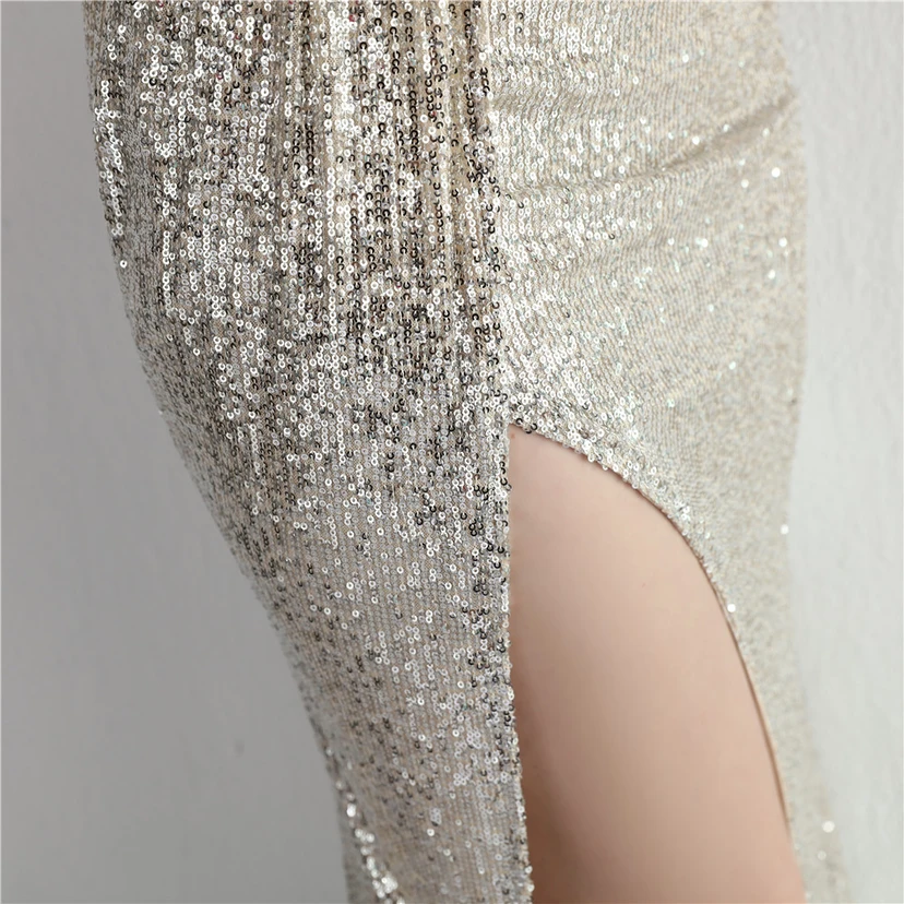 Sequined One-Shoulder Celebrity Cold Banquet Slit Long Sequin Aura Queen Dinner Fishtail Dress view 63