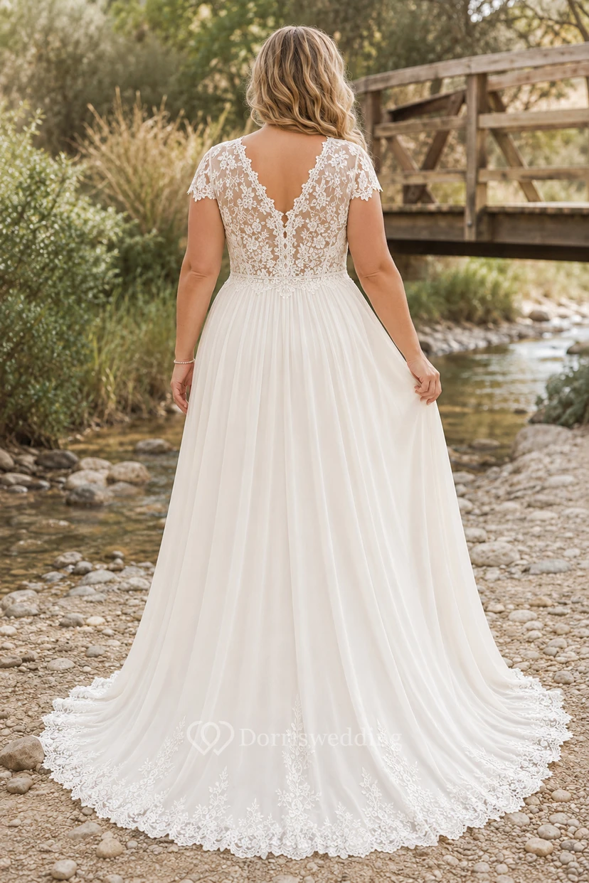 Plus Size Brautkleid in A-Linie mit kurzen Ärmeln, V-Ausschnitt, Spitze und Tüllschleppe view 2