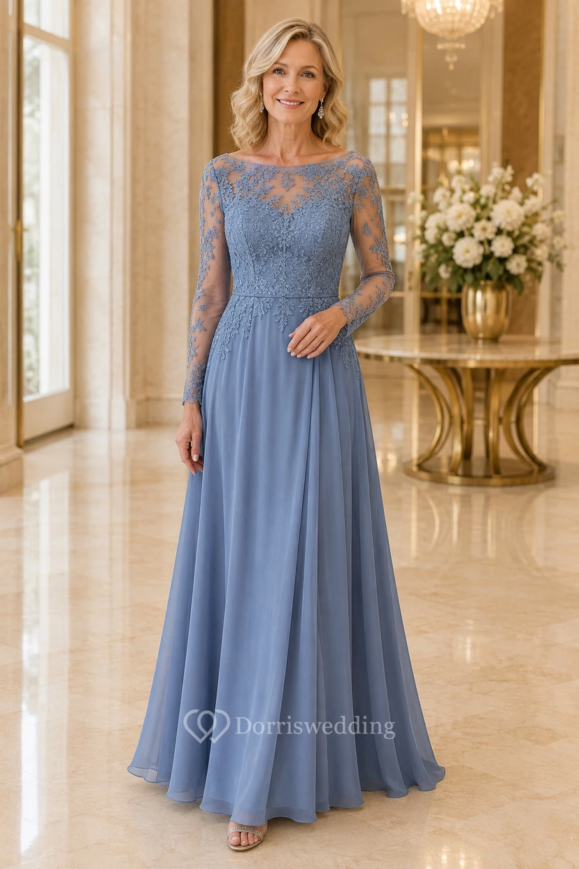 MOB-Kleid, stahlblau, Chiffon, Spitze, A-Linie, lange Ärmel, U-Boot-Ausschnitt, bodenlang
