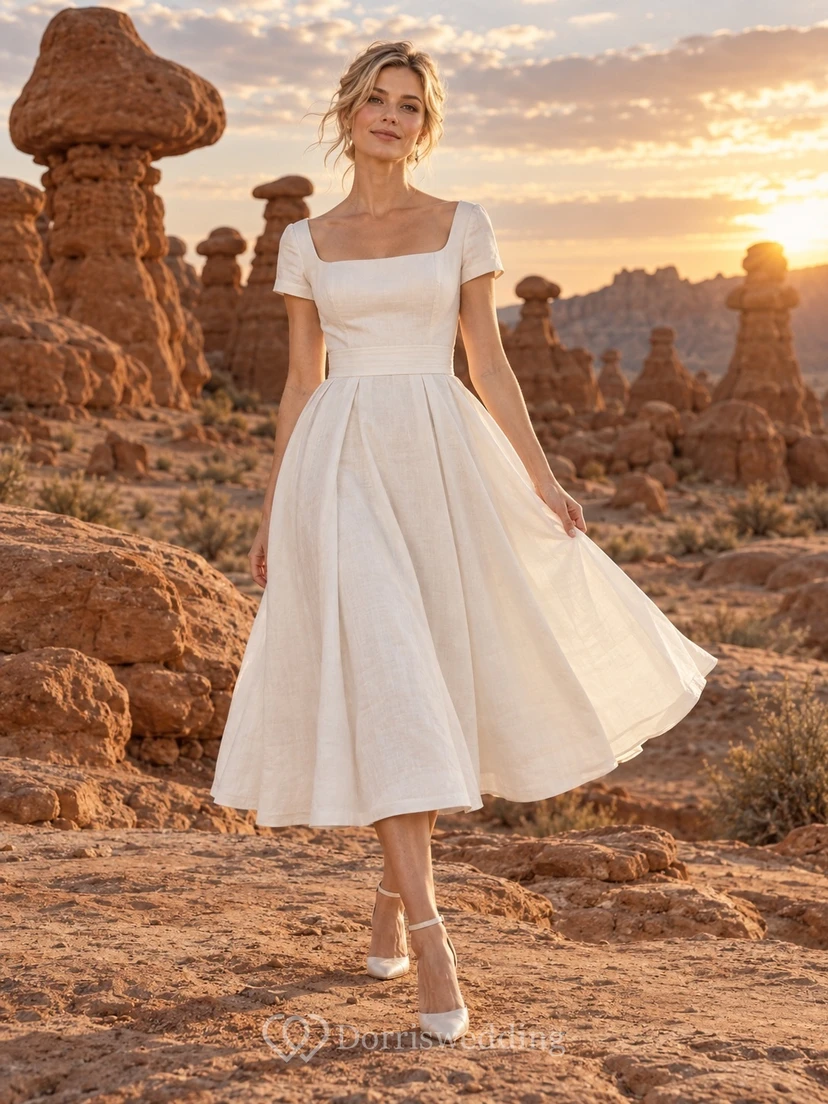 Vestido de novia vintage de corte A, largo hasta la rodilla, de lino, con cuello cuadrado y mangas cortas
