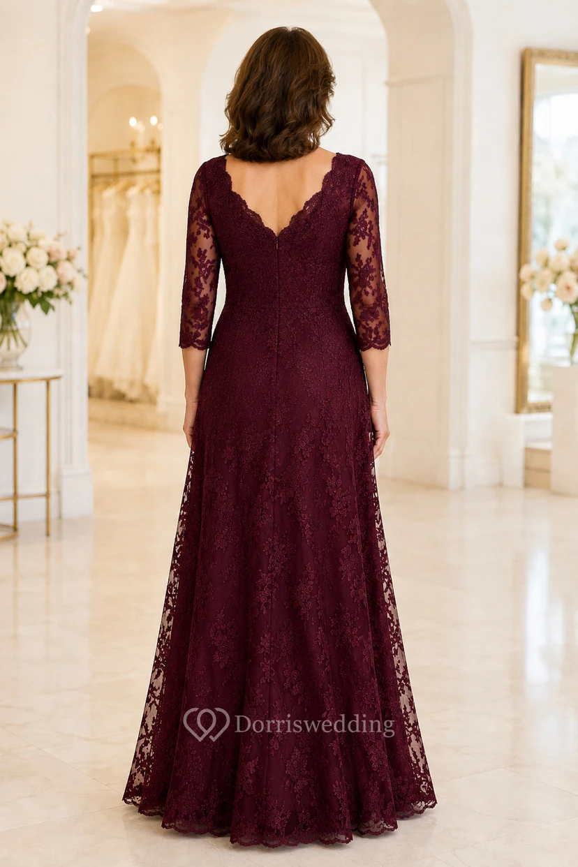 Burgunderfarbenes A-Linien-Kleid aus Spitze mit V-Ausschnitt und Dreiviertelärmeln view 2