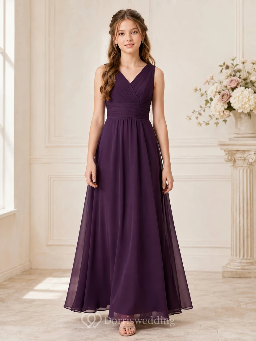 Traubenfarbenes Brautjungfernkleid, A-Linie, V-Ausschnitt, ärmellos, gerafft, elegant