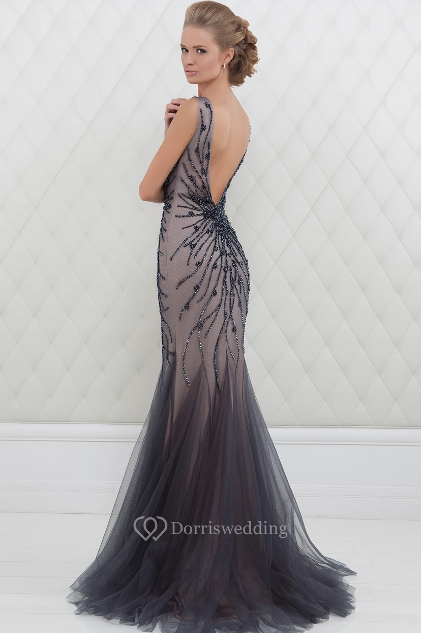 Mermaid Sleeveless Crystal V-Neck Floor-Length Tulle Prom Dress With Pleats view 2