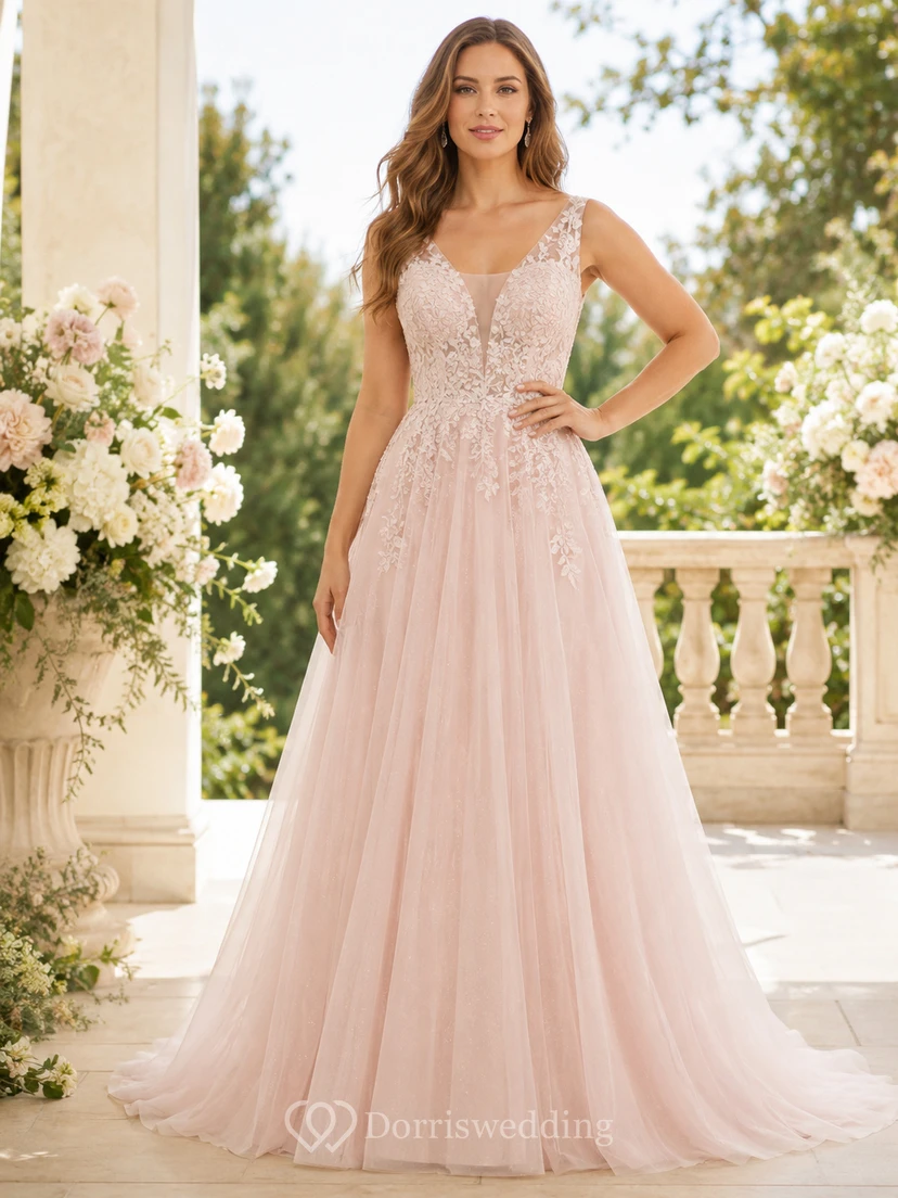 Blush V Neck Lace Bodice Tulle A Line Dress