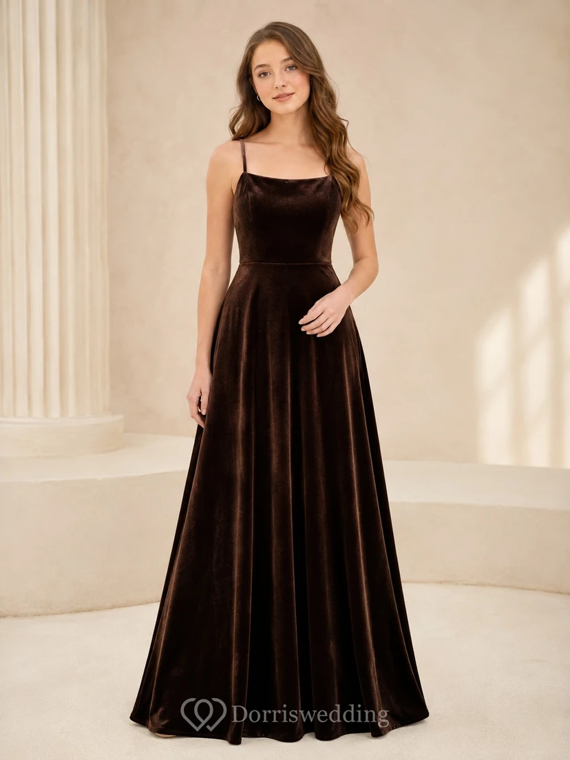 Schokoladenbraunes Brautjungfernkleid, A-Linie, Spaghettiträger, ärmellos, Samt, Schleife, elegant
