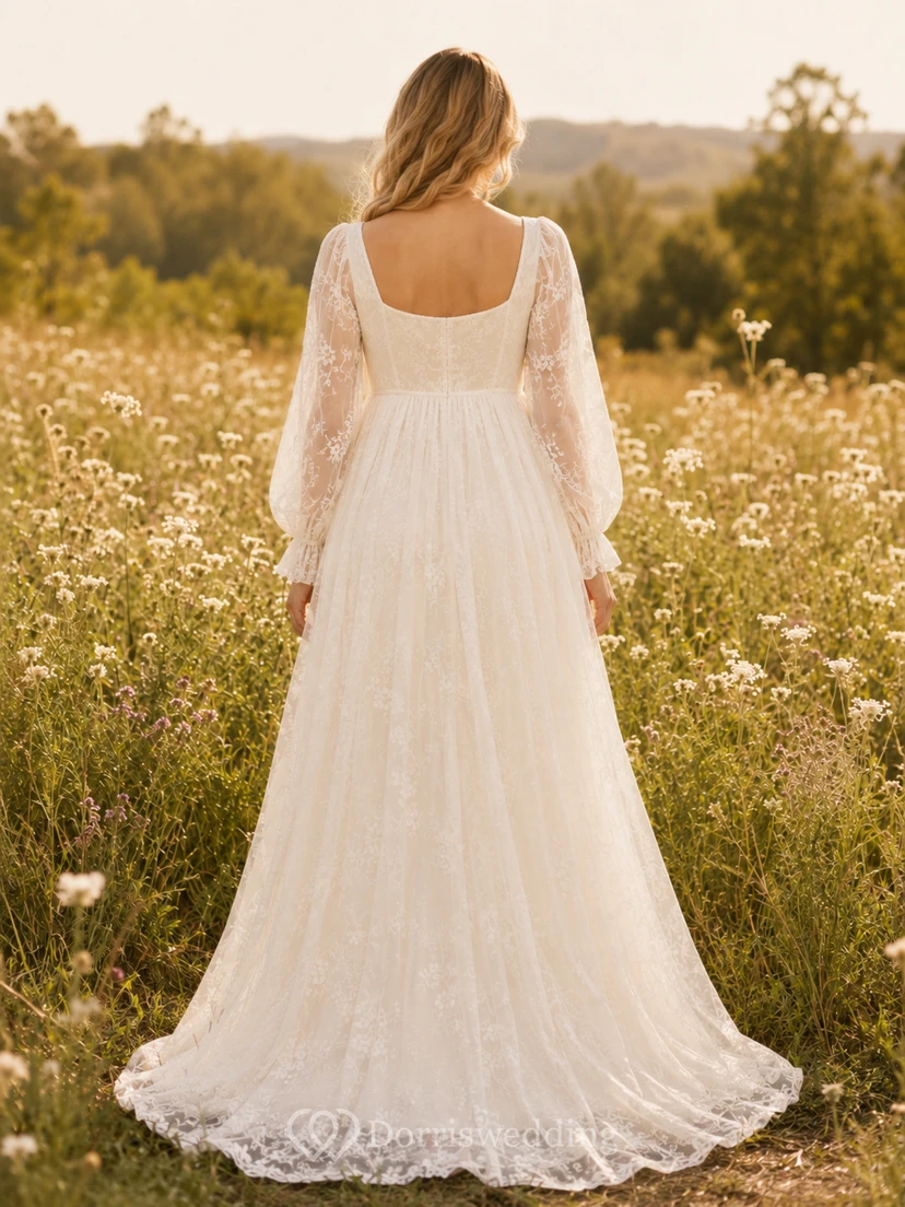 Maternity Wedding Dress Square Neck Long Sleeve Lace A-Line Country Bridal Gown view 2