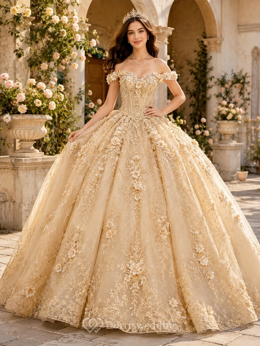 Off-Shoulder Champagne Quinceanera Ball Gown with Gold Lace Appliques