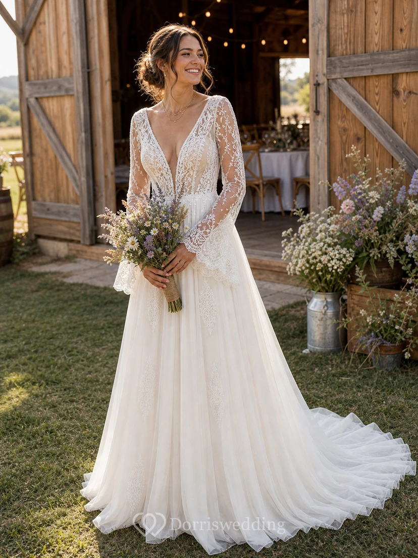 Bohemianisches A-Linien-Brautkleid aus Tüll, bodenlang, langärmelig, rückenfrei und gerafft view 9