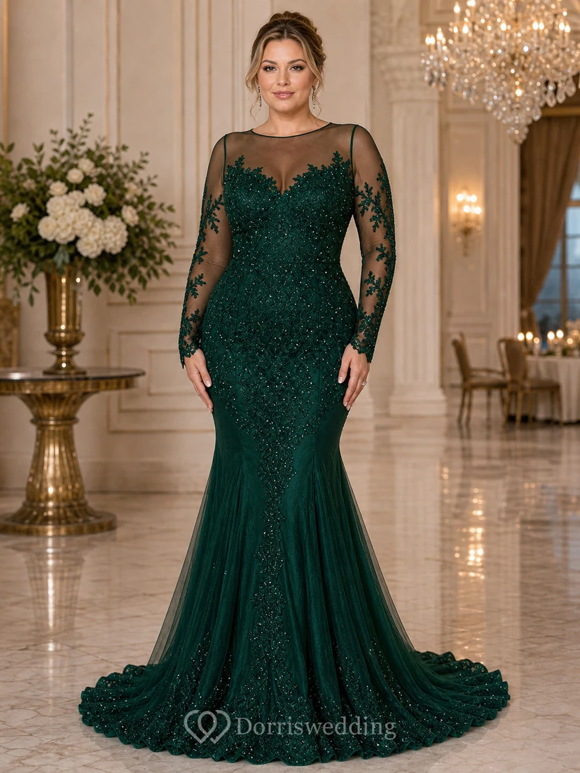 High Neck Mermaid Floor-length Sweep Brush Train Long Sleeve Lace Evening Dress with Zipper Back view 5