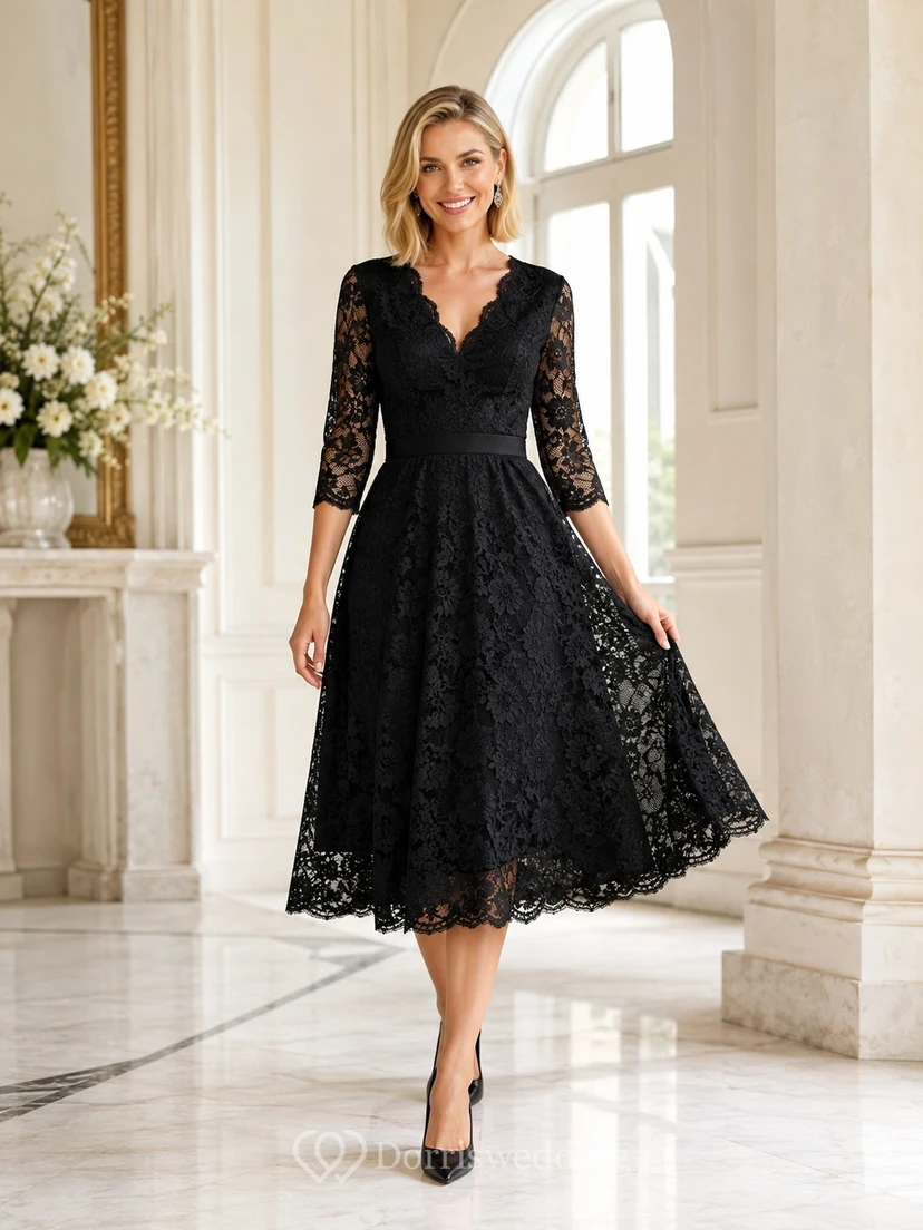 Black Floral Lace V-neck Three-quarter Sleeve A-Line Tea-length Dress