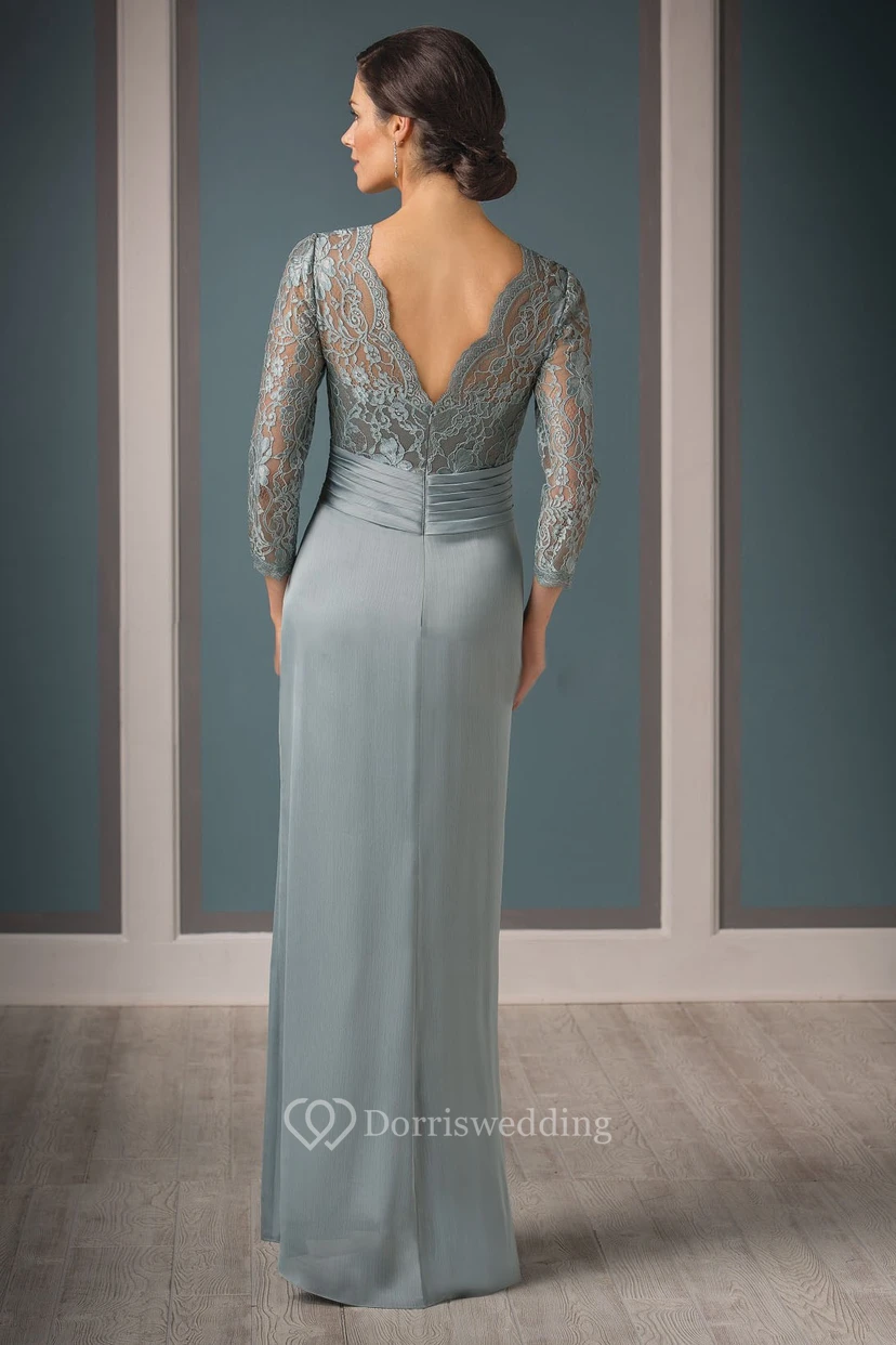3-4 Sleeved Long Mother Of The Bride Dress With Pleats And V-Back view 2