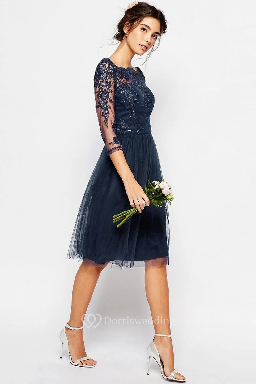3-4-Sleeve Bateau-Neck Knee-Length Tulle Bridesmaid Dress With Illusion