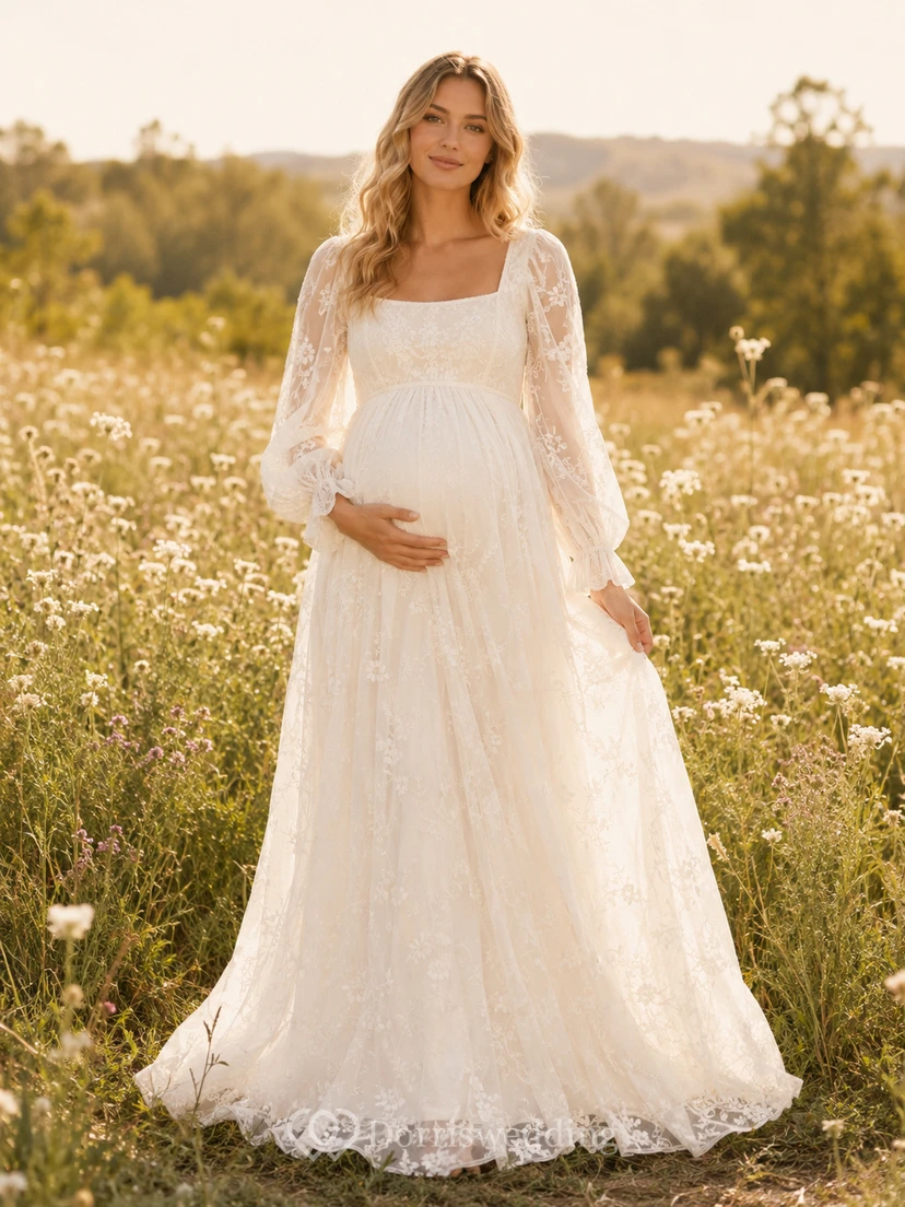 Maternity Wedding Dress Square Neck Long Sleeve Lace A-Line Country Bridal Gown