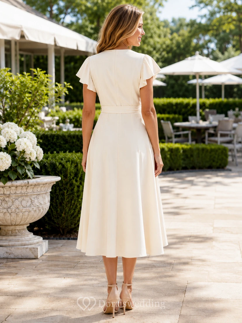 Cream Flutter Sleeve Wrap V Neck Lunch Midi Dress view 2
