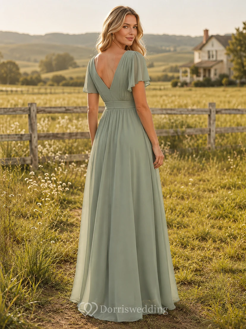 Sage Chiffon A-Line V-Neck Flutter Sleeve Pleated Low Back Floor-Length Bridesmaid Dress view 2