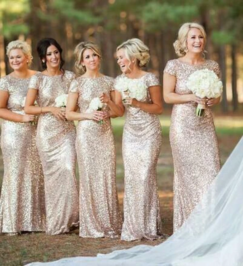 Sequin Gold Bridesmaid Dress | Long Sparkly MOB Glitter Gown with Sleeves view 4
