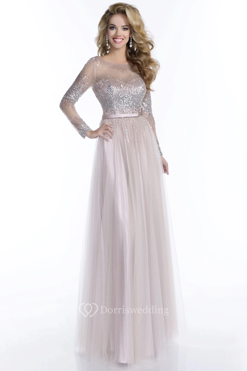 Sequined Bodice A-Line Tulle Prom Dress With Keyhole Back And Long Sleeve