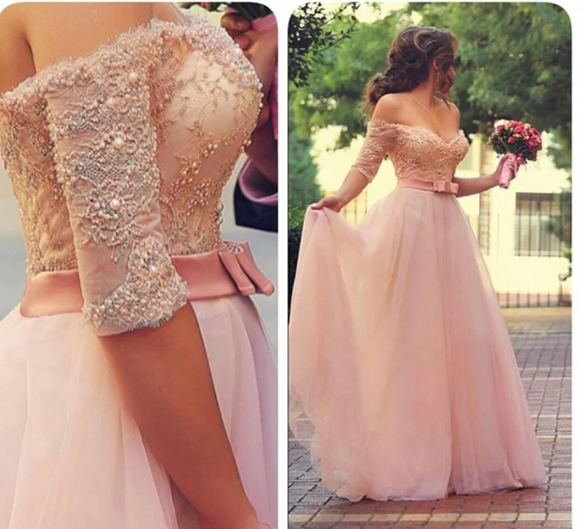 Lovely Princess Beadings Tulle Half Sleeves Long Prom Dress view 2