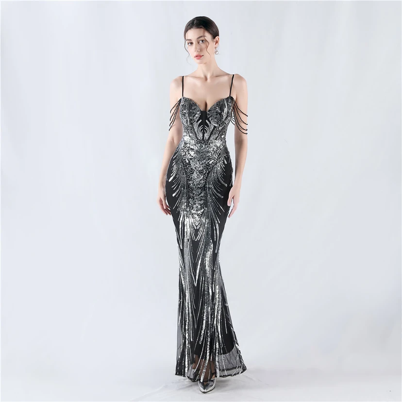 Waist-Reduced Fishbone Shaping Positioning Flower Sequined Anchor Sexy Beaded Suspender Evening Dress view 82