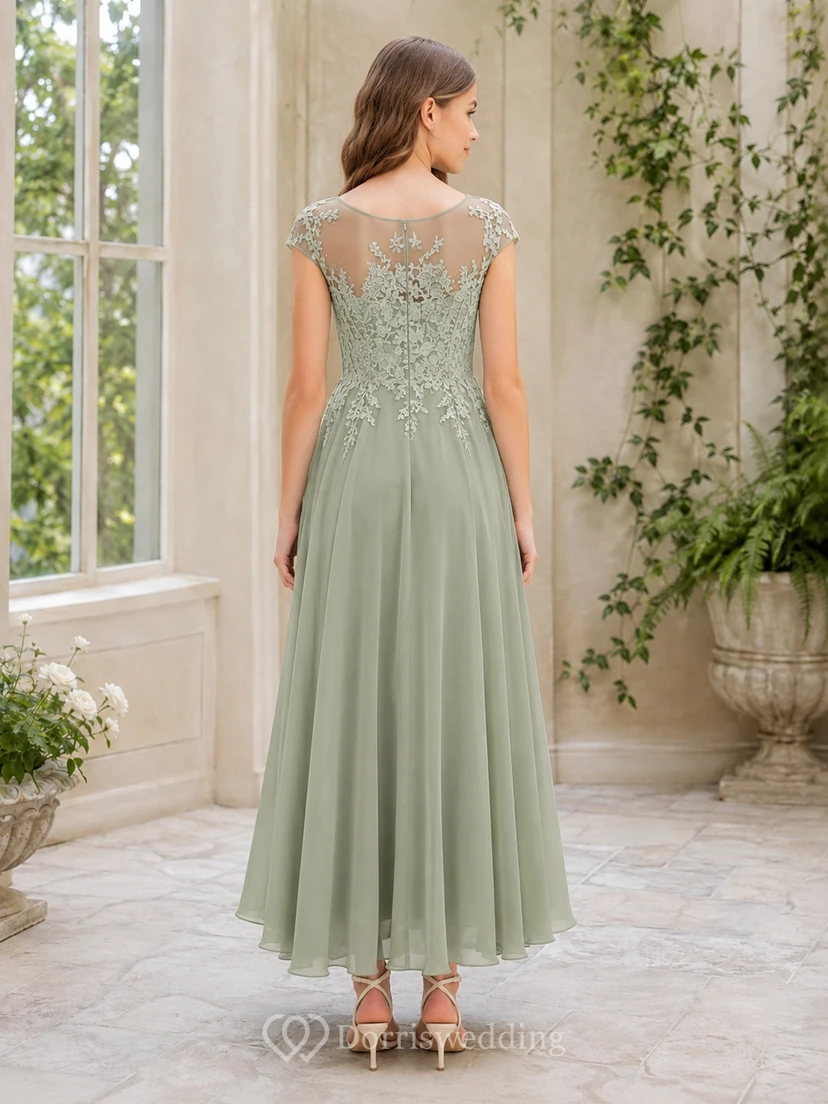 Celadonfarbenes Brautjungfernkleid für junge Mädchen, A-Linie, Teelänge, hoher Kragen, kurze Ärmel, Illusionsspitze, romantisch view 2