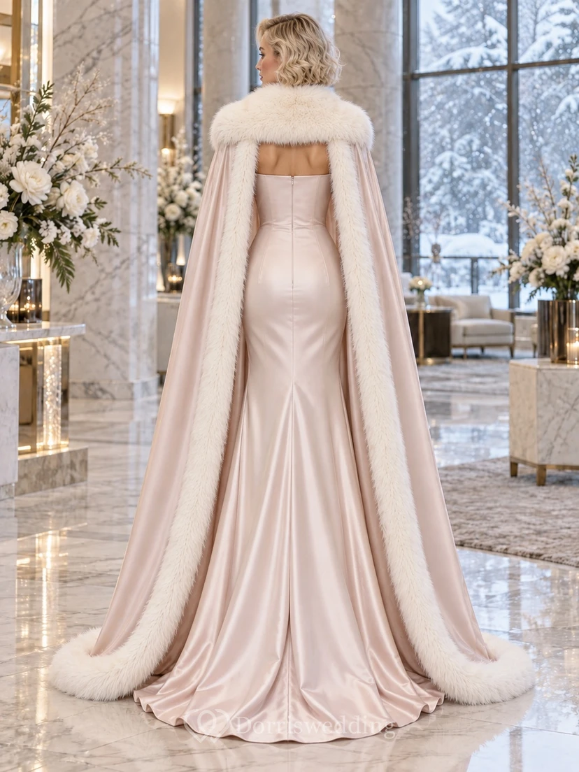 Vestido de novia de invierno sin mangas, color rosa empolvado, cuello de felpa y capa de satén. view 2