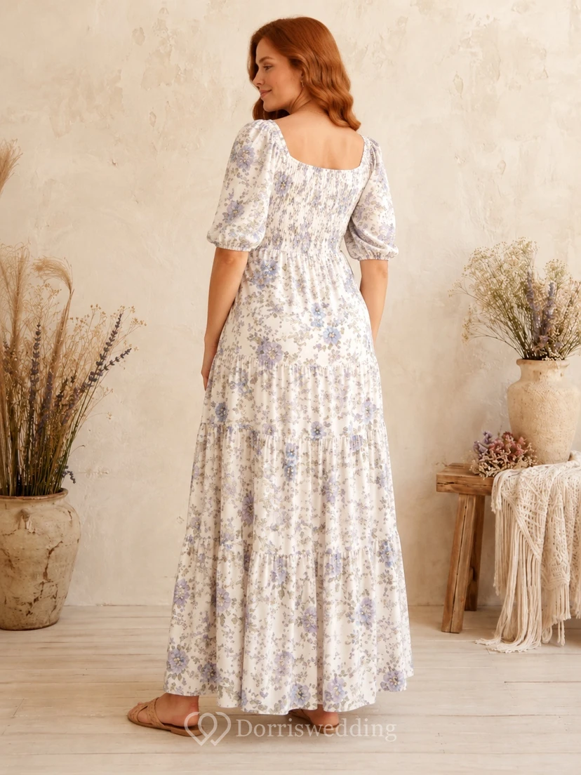 Maternity Ivory Floral Scoop Neck Puff Sleeve A-Line Floor-Length Country Dress view 2