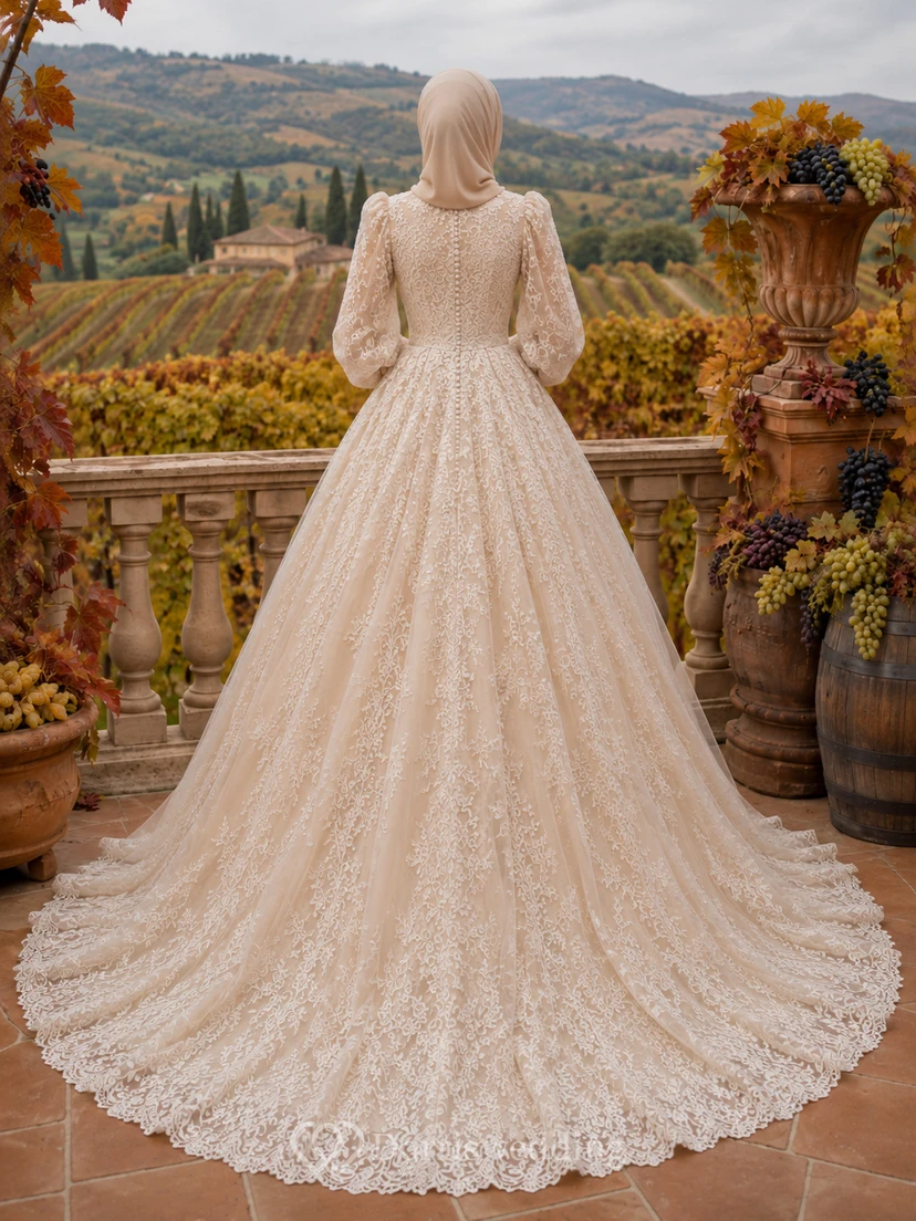 Modest Muslim Lace Ball Gown High Neck Long Sleeve Wedding Dress view 2