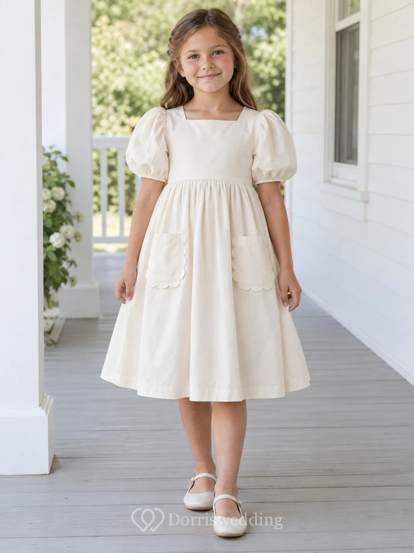 Simple Cream Square-neck Short Puff Sleeves Gathered Tall-pocket Button-back Flower Girl Dress