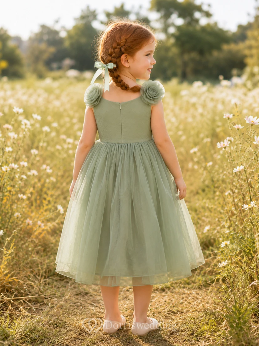 Sage Rosette Shoulder Flower Girl Gown with Sleeveless Tulle A-Line, Sculpted Floral Accents, and Floor-Length Skirt view 2