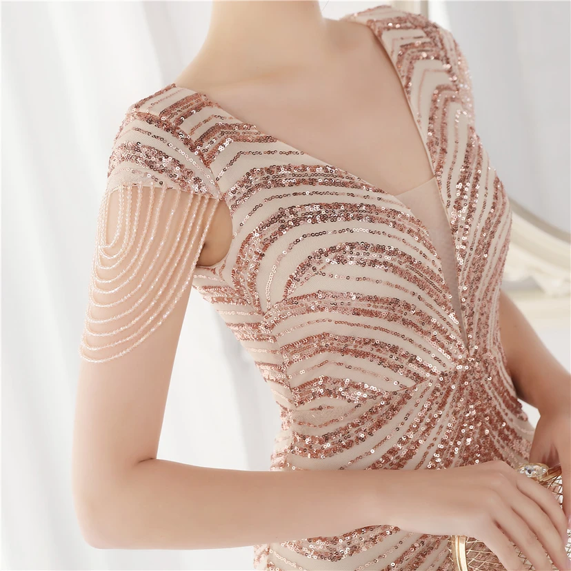 Paillettenbesetztes, handwerklich perfekt gefertigtes, perlenbesetztes Party-Abendkleid – sexy langes Kleid für die Braut view 45