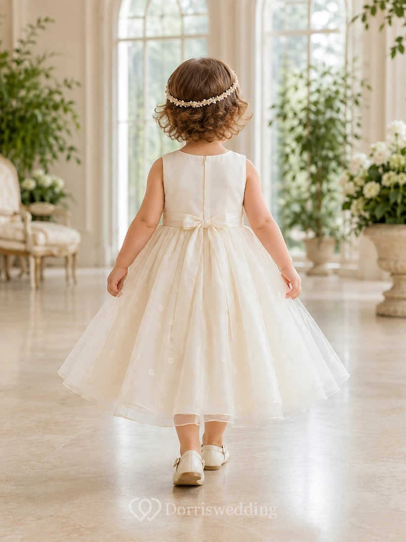 Robe de baptême pour bébé, coupe trapèze, longueur thé, sans manches, avec superposition d'organza transparent. view 2