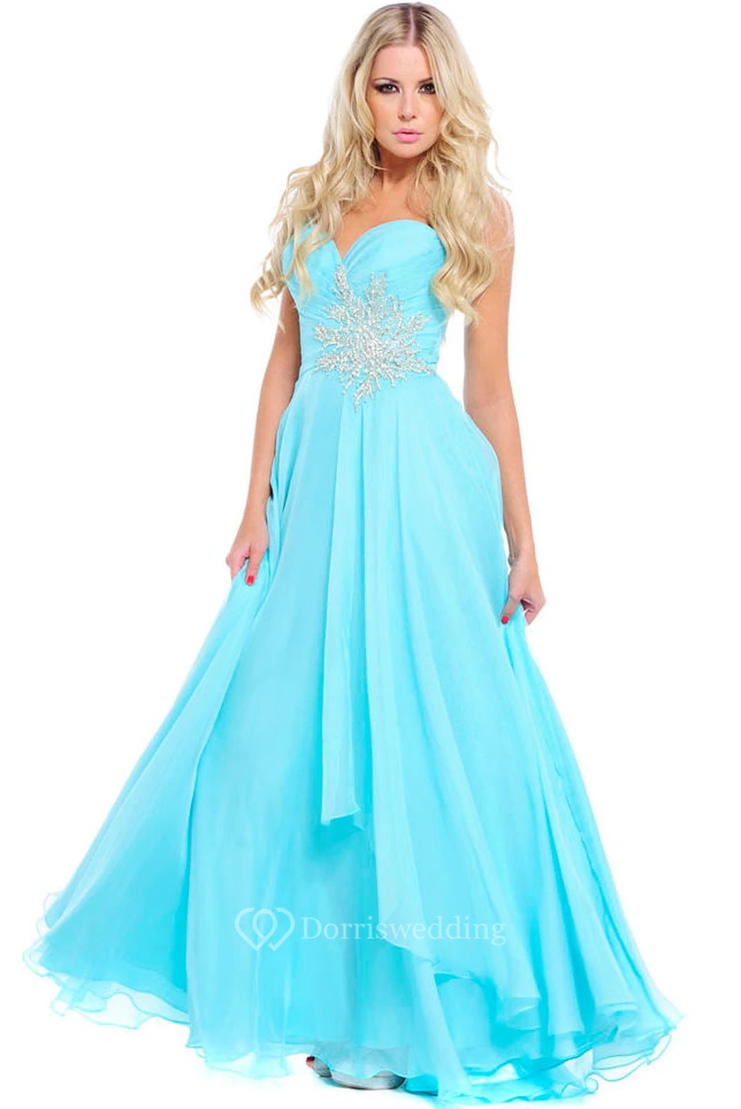 Ärmelloses Chiffon-Abendkleid in A-Linie mit herzförmigem Ausschnitt und Applikationen