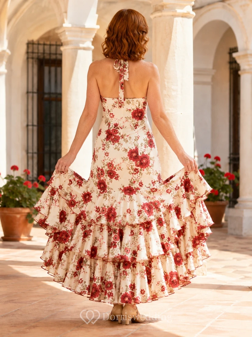 Cream Floral Chiffon Halter A-Line Ankle-Length Tiered Vintage Flamenco Dress view 2