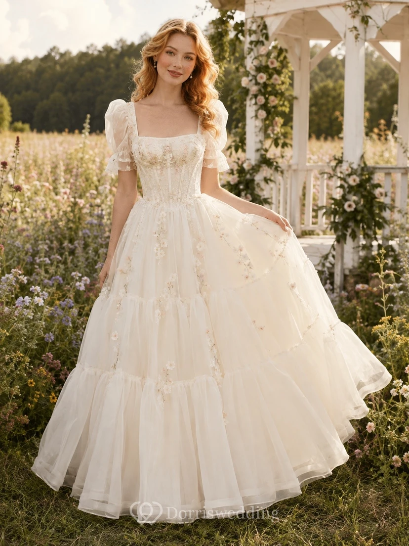 Vestido de novia blanco romántico de corte A con escote corazón y apliques de encaje, manga larga