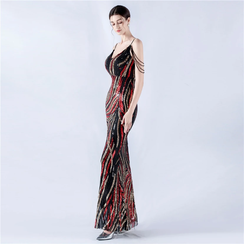 Sequined Striped Color Matching Slim Dinner Host Suspender Long Dress For Women view 12