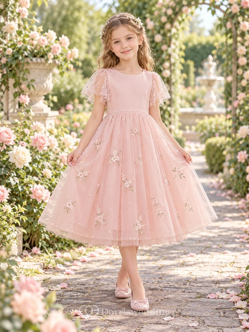 Blushing Pink Pearl Flutter Sleeve Floral Tea-length A-line Flower Girl Dress