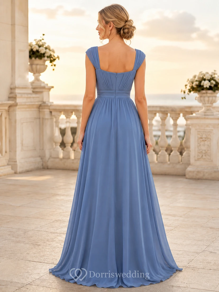 Stahlblaues Chiffon-Abendkleid in A-Linie mit eckigem Ausschnitt view 2