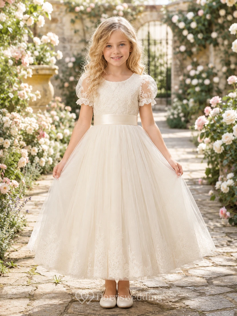 Lace Bodice Tulle A-Line Flower Girl Dress with Short Sleeves, Jewel Neck and Tea-Length Skirt