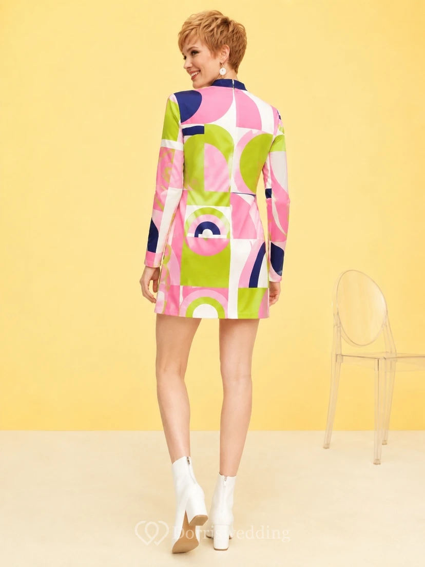 Robe fourreau mini abstraite vintage multicolore à manches longues et à motifs géométriques géométriques. view 2