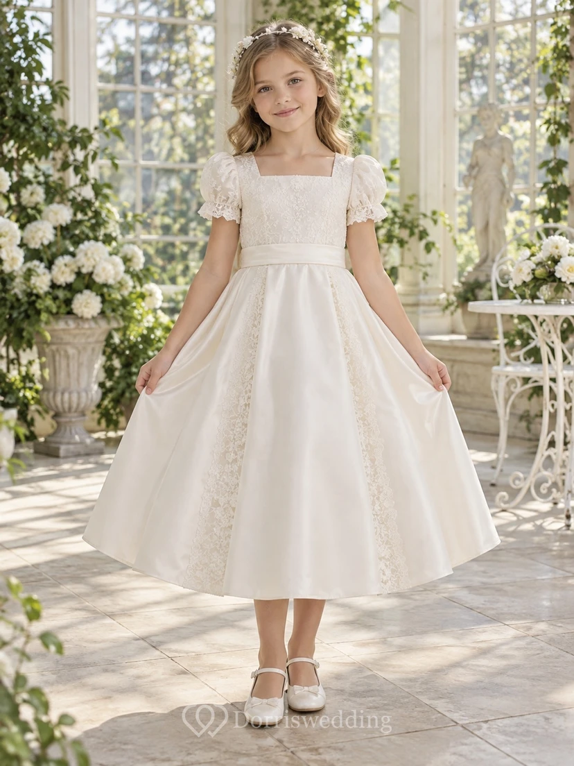 Square Neck Ivory Puff Sleeve Lace Panel Bow Sashed Tea-length Satin Flowergirl Dress