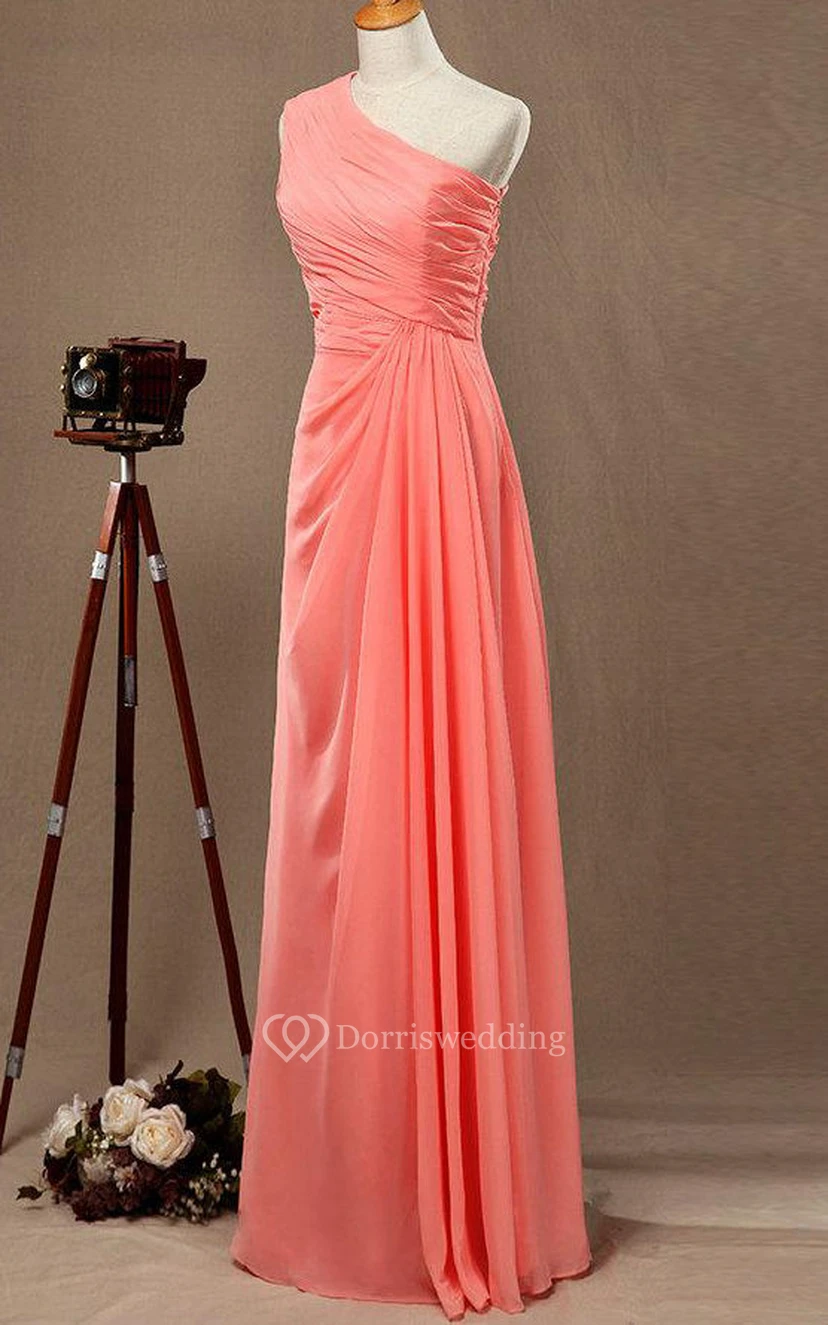 One Shoulder A-line Pleated Chiffon Floor Length Dress With Ruching view 2