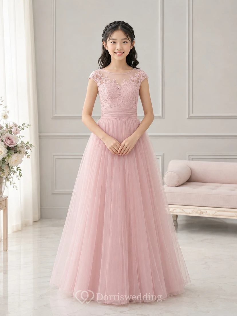 Bezauberndes, zartrosa Kleid für junge Brautjungfern mit kurzen Ärmeln aus Chiffon und Strasssteinen in A-Linie, bodenlang